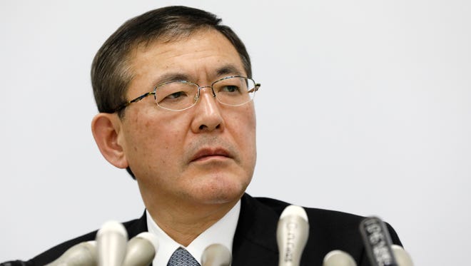 Subaru Corp. President Yasuyuki Yoshinaga listens to a question from a journalist as he explains about its final car inspection scandal at its headquarters in Tokyo, Japan, 27 October 2017. Japanese automaker Subaru may recall about 300,000 cars including OEM delivers to Toyota Motor.