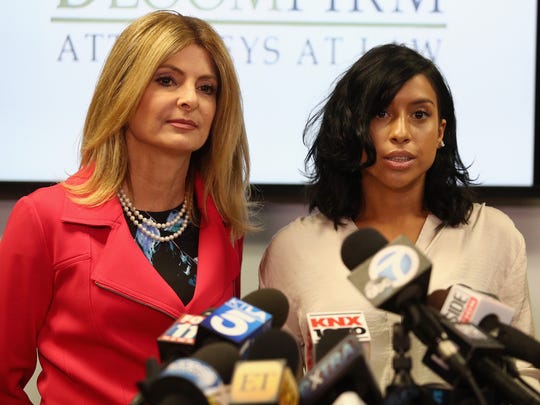 Montia Sabbag (right) and then-lawyer Lisa Bloom (left) speak to reporters in 2017 after Sabbag was accused of attempting to extort Kevin Hart.