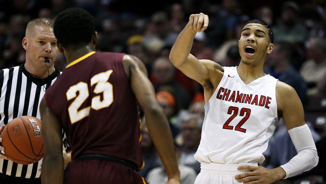 Chaminade College Preparatory School forward Jayson Tatum (22) yells out instructions to his teammates during first-quarter action of a 2016 Tournament of Champions game against Christ The King High School at JQH Arena.