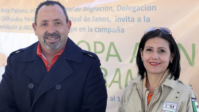 Director Carlos Castillo and Agent Patricia Porras  of the Puerto Palomas Grupo Beta offices right on the right after crossing the border into Mexico, eagerly await all donations of clean clothing which will go directly to the immigrant community in distress this winter.