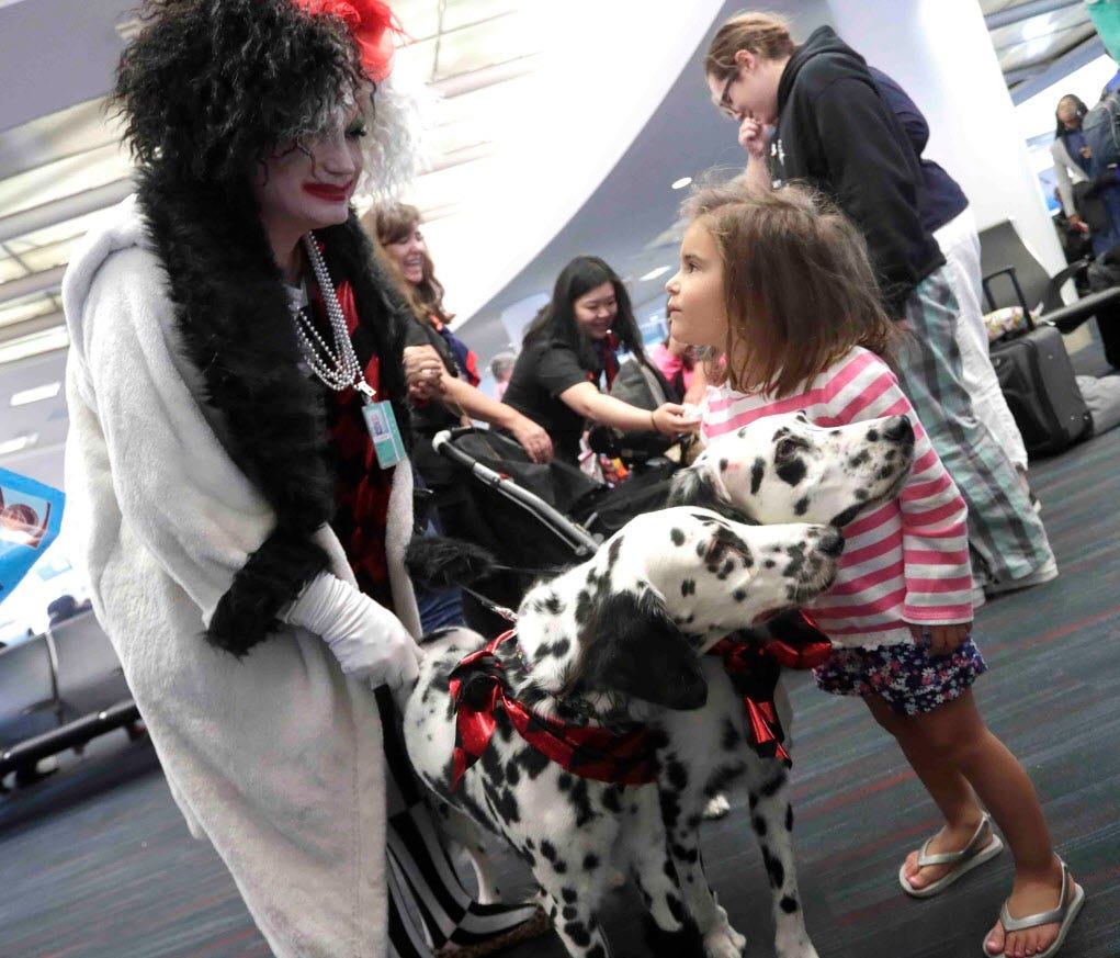 A young passenger is entertained by Warwick Kane, left, and his Dalmatian dogs at the Third Annual Pup Halloween Parade at Los Angeles International Airport in Los Angeles on Oct. 30, 2017. Therapy dogs in costumes and their owners paraded through ai