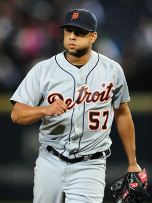 Tigers pitcher Francisco Rodriguez gestures after recording the final out during the Tigers' 6-2 win over the Braves Friday in Atlanta.