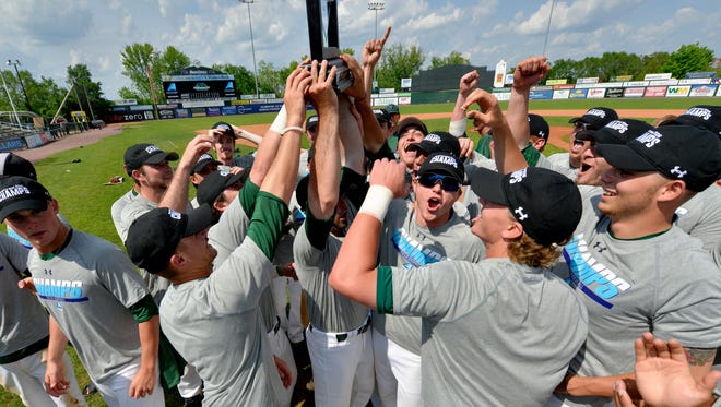 Binghamton University's baseball team celebrates it's America East Championship-clinching win on the field at Edward A. LeLacheur Park in Lowell, Mass, on Saturday, May 28, 2016.