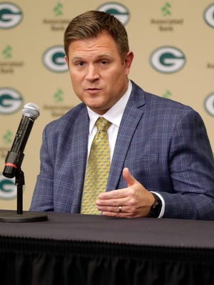 Green Bay Packers general manager Brian Gutekunst speaks to the media on Jan. 8, 2018, at Lambeau Field.