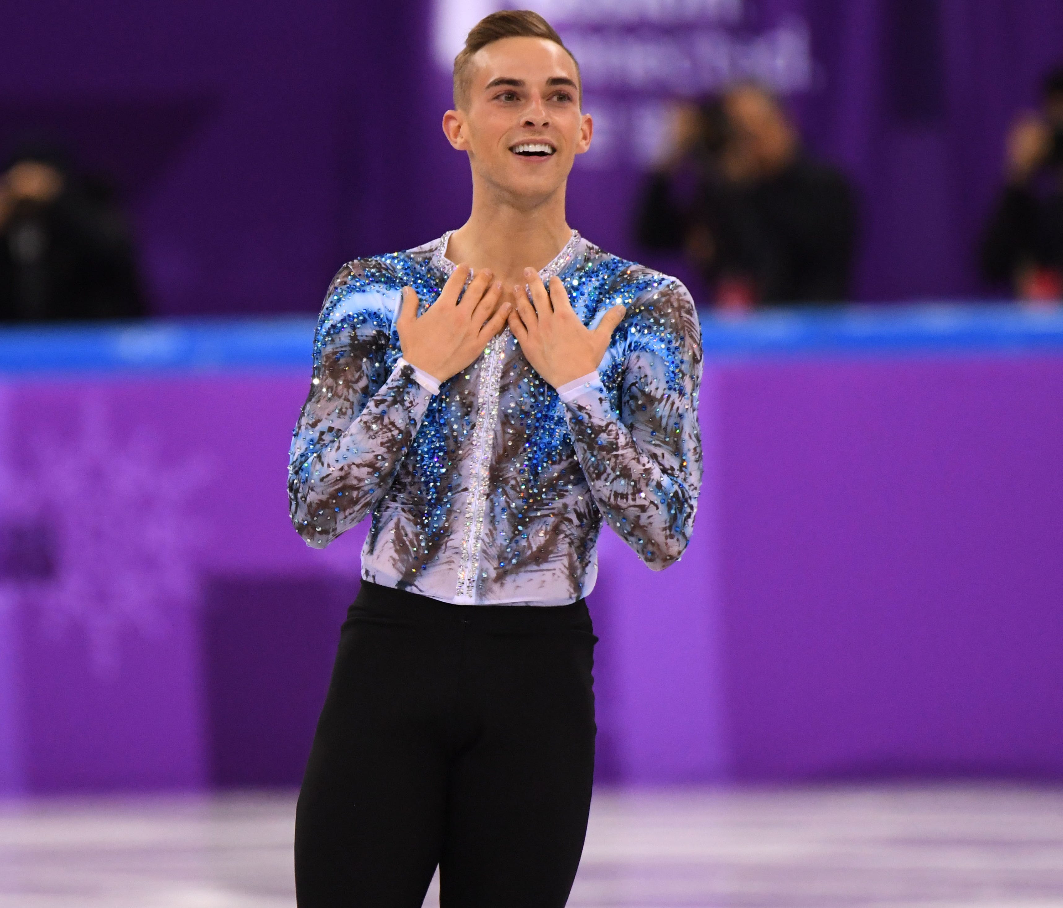 Adam Rippon (USA) performs in the figure skating single free event during the Pyeongchang 2018 Olympic Winter Games at Gangneung Ice Arena.