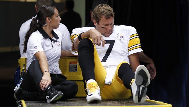 Pittsburgh Steelers quarterback Ben Roethlisberger is taken off the field after injuring his left knee during the third quarter against the St. Louis Rams Sunday. The Steelers scheduled an MRI today, and Roethlisberger’s injury will be evaluated after that.