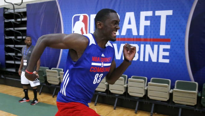 Arkansas' Bobby Portis participates in the NBA basketball combine Friday, May 15, 2015, in Chicago.