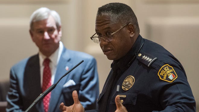 Montgomery Police Chief Ernest Finley, right, and Montgomery Mayor Todd Strange, left, discuss recent shootings in Montgomery during the mayor's weekly press briefing at city hall in Montgomery, Ala. on Thursday June 29, 2017.  