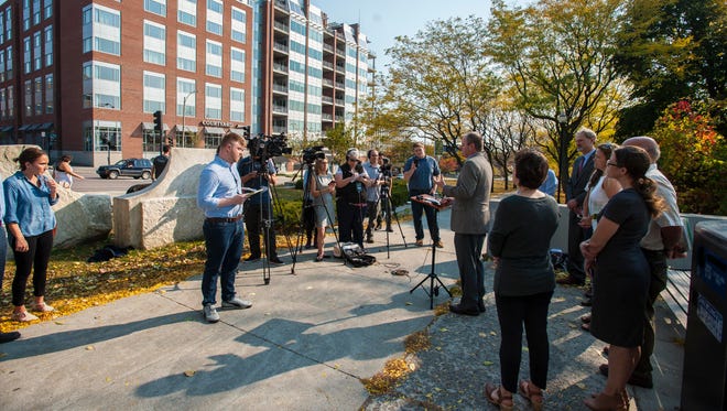 Scott Johnstone of the Vermont Energy Investment Corporation speaks during a news conference called by Burlington Mayor Miro Weinberger to build support for the proposed Burlington Town Center project on Tuesday, October 18, 2016. 