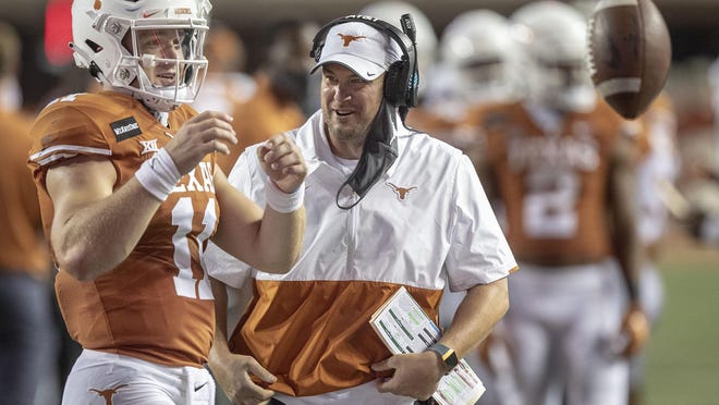 Texas head coach Tom Herman jokes with quarterback Sam Ehlinger during a time out in the season-opening win over UTEP. The Longhorns open Big 12 play this week at Texas Tech.