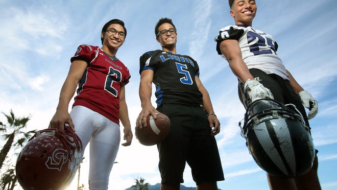 Running backs Chris Toribio of La Quinta, Orlando Wallace of Cathedral City, and Tony Williams of Shadow Hills are each named to the All Desert Sun First Team Offense. Photographed in Palm Springs, Calif. on December 8, 2014.