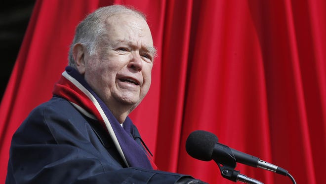 In this April 14, 2018 file photo, David Boren, president of the University of Oklahoma, speaks during the unveiling of a statue of former head football coach Bob Stoops in Norman, Okla.