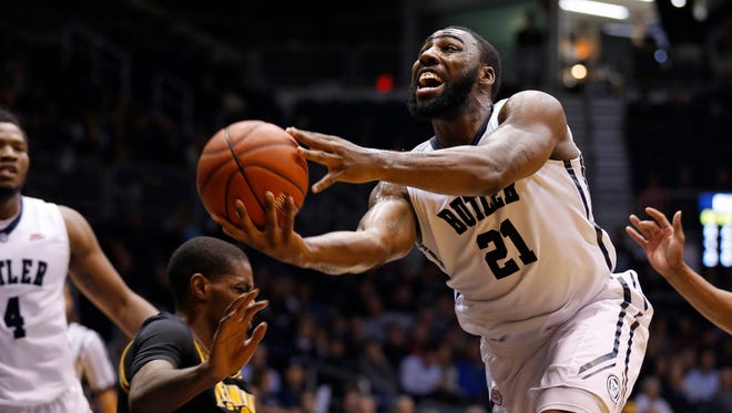 Butler's Roosevelt Jones shoots against Kennesaw State in the second half of  at Hinkle Fieldhouse on December 8, 2014. Butler won 93 - 51.