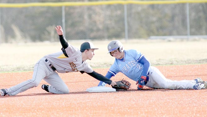 Boonville senior Peyton Keeran beats a throw to second during a game last year at the high school ballfield. The Boonville Pirates baseball team will host the Harrisburg Bulldogs in a doubleheader on Thursday at the high school ballfield starting at 6 p.m. The Pirates, like all schools across the state, lost their 2020 season due to the COVID-19 pandemic. Boonville head coach Adam Arnette said he would like to get in four doubleheaders for the season.