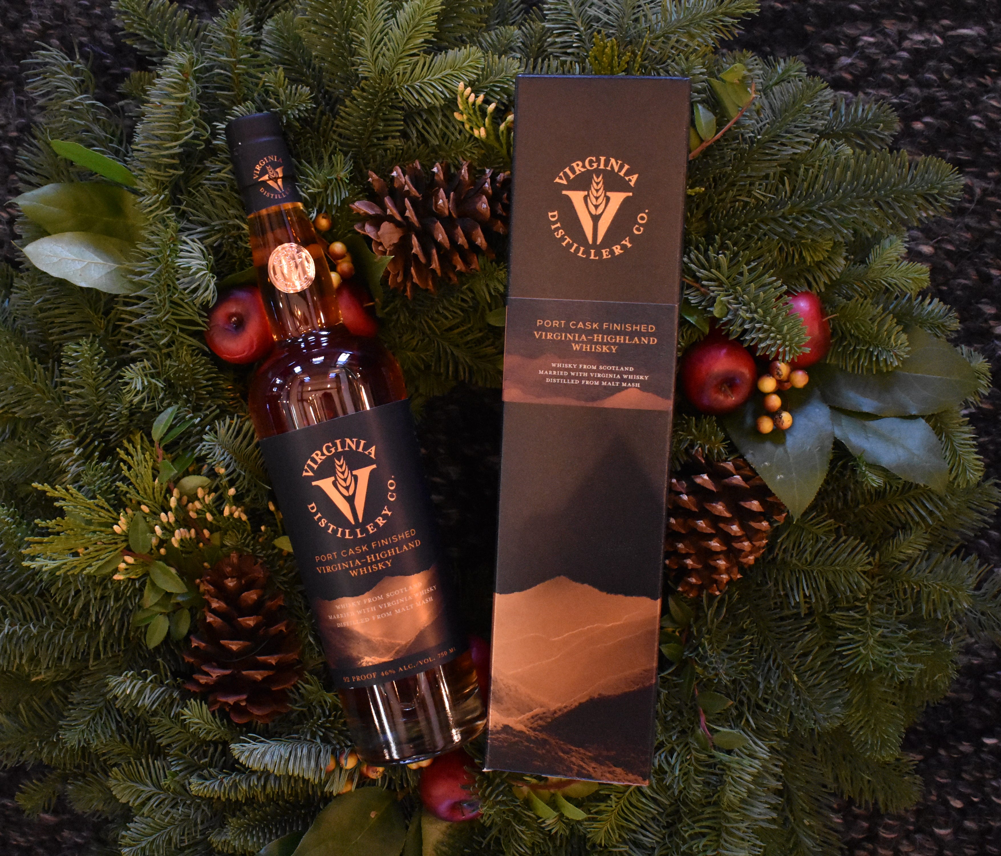 Virginia Distillery Company, nestled among the Blue Ridge Mountains in Virginia's Nelson County, is producing an American single malt whisky. The distillery's Port Cask Finished Virginia-Highland Whisky is available in a seasonal holiday gift box, ma