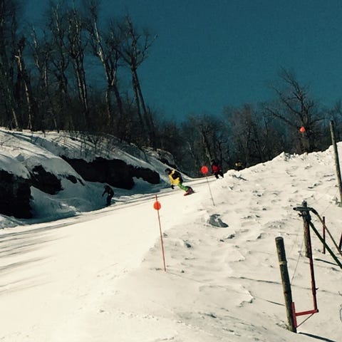 Julia Carlson Rosenblatt skis with Frank van Zante