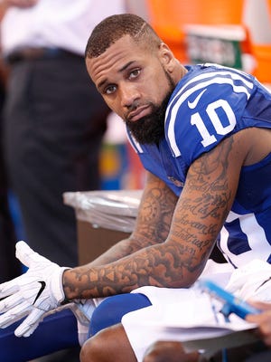 Indianapolis Colts wide receiver Donte Moncrief (10) one of the many sad faces at the Colts game at Lucas Oil Stadium, Sunday, Oct 22, 2017. The Indianapolis Colts lost to the Jacksonville Jaguars 27-0.