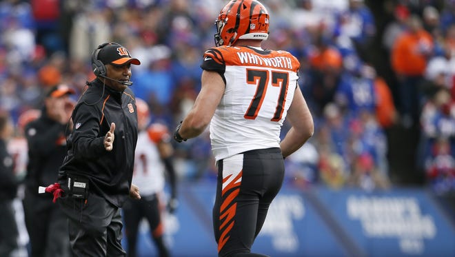 Cincinnati Bengals head coach Marvin Lewis, left, gives Cincinnati Bengals tackle Andrew Whitworth (77) a high five after the Bengals scored in the third quarter Sunday at Ralph Wilson Stadium in Orchard Park, New York.
