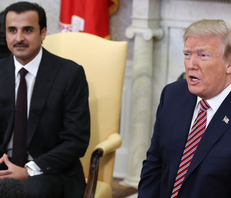 President Trump speaks at the White House on April 10 during a meeting with Emir of Qatar, Sheikh Tamim bin Hamad Al Thani.