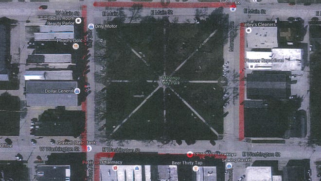The areas highlighted in red indicate where parking is not allowed during overnight hours in downtown Marengo. Parking is allowed on the inside perimeter -- the part of the street touching the park -- of the downtown square.