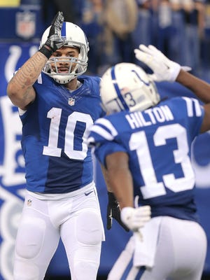 Colts wide receiver Donte Moncrief (10) celebrates a touchdown against the Redskins, Nov. 30, 2014.