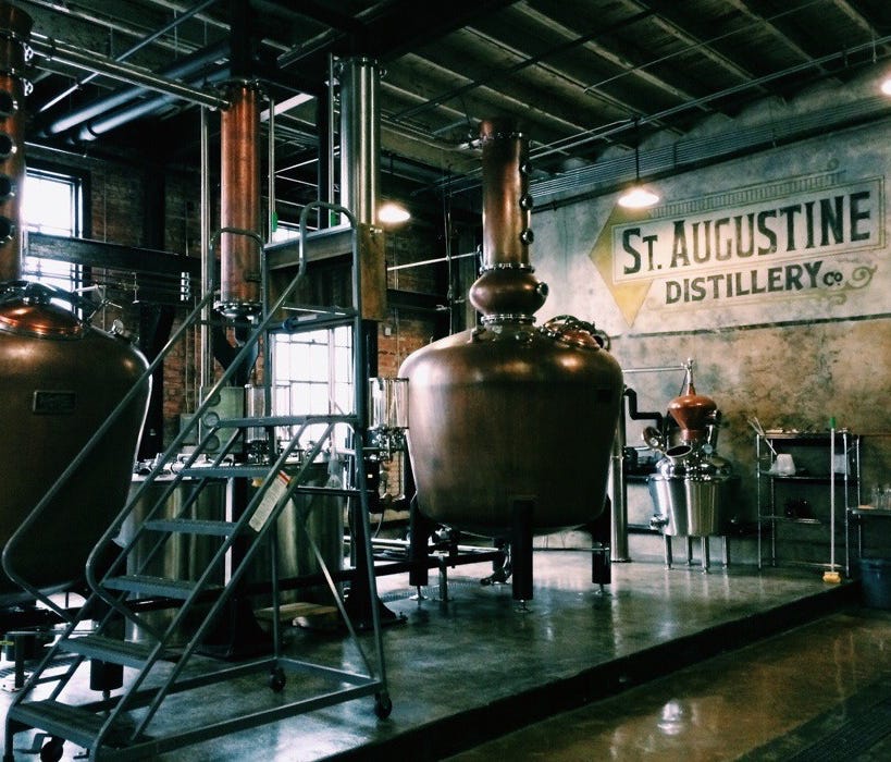In Florida, St. Augustine Distillery uses an abundance of local ingredients for its spirits. The list includes locally grown corn, wheat and barley sourced from farm cooperative Central States Enterprises, Florida citruses and botanicals for gin, and