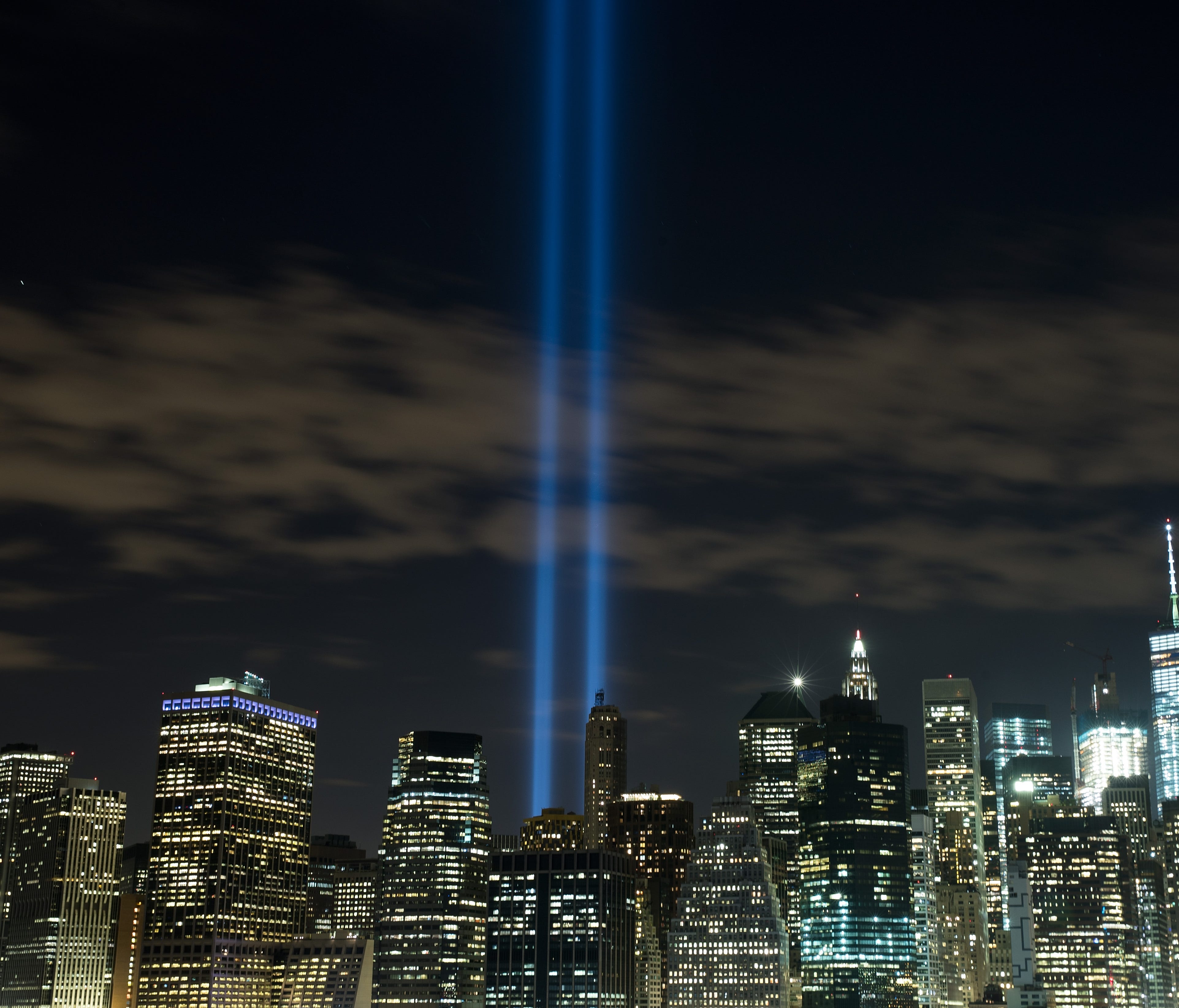 The 'Tribute in Light' rises from the Lower Manhattan skyline on Sept. 7, 2016.
