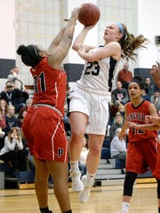 Mercy’s Emily Tabone, right, is defended by Penfield’s