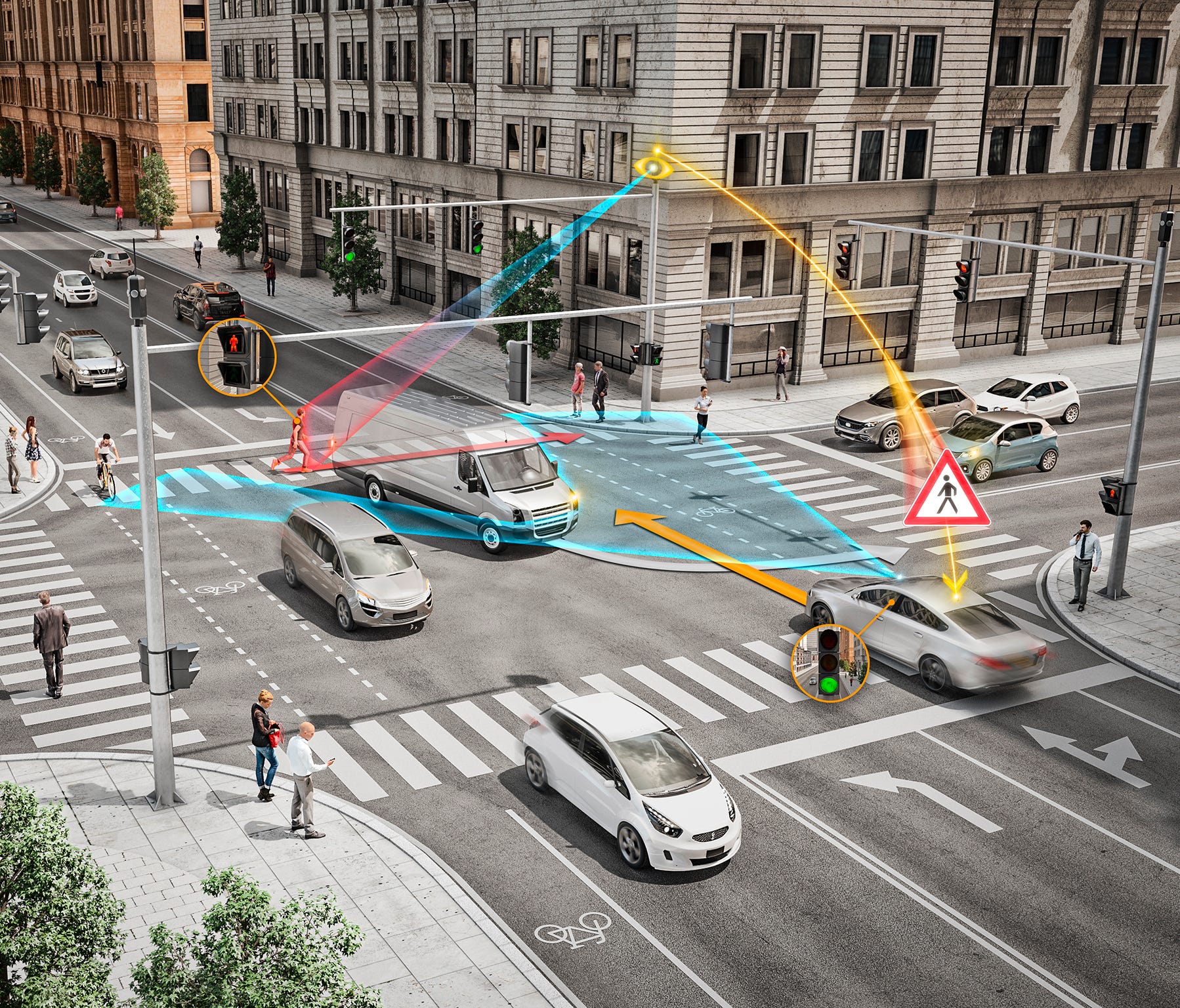 A system designed by auto supplier Continental enables wireless vehicle-to-infrastructure communication, allowing an above-the-intersection suite of sensors to detect pedestrians and alert oncoming vehicles to avoid them. The system will be tested in