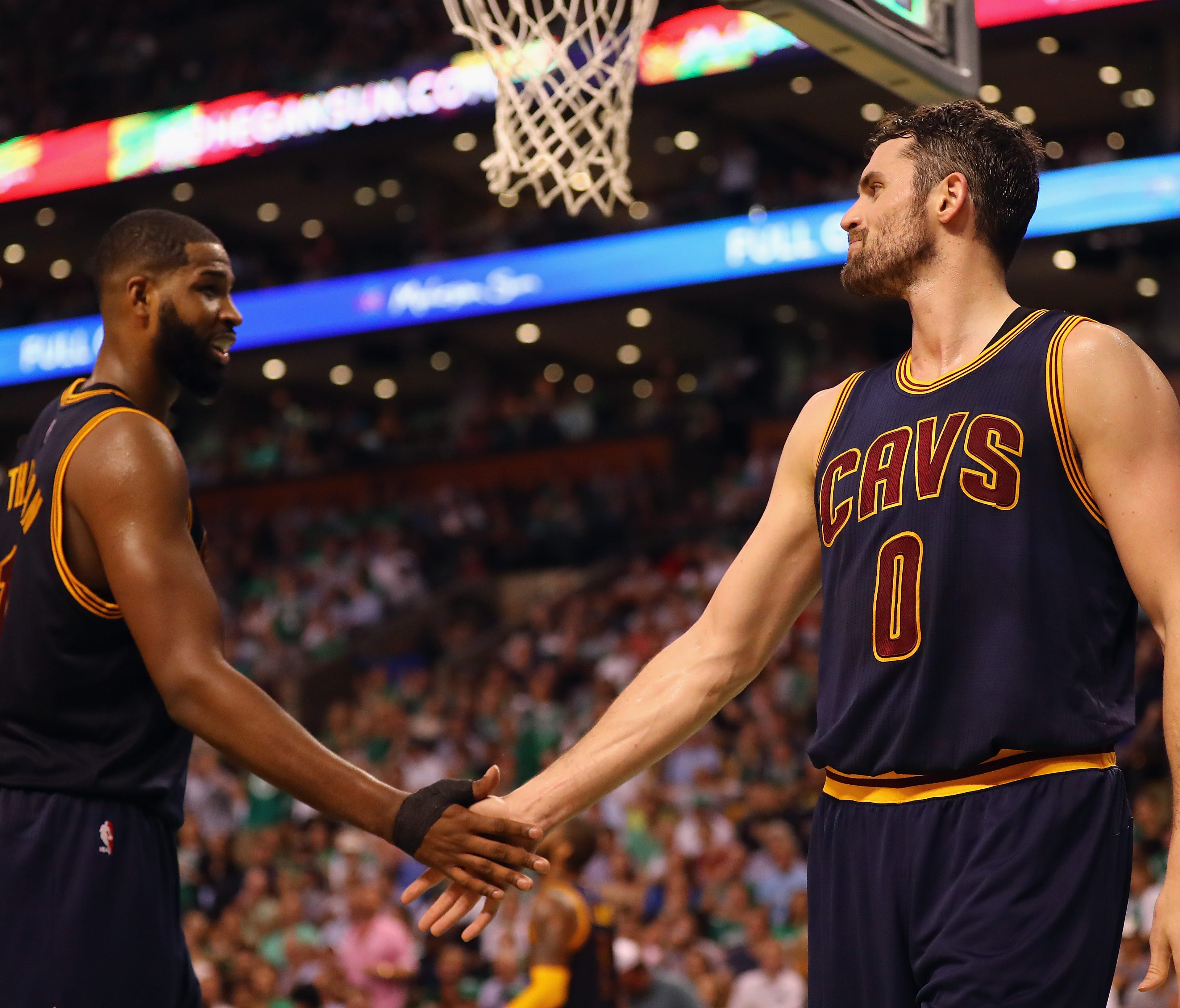 Kevin Love reacts with Tristan Thompson of the Cleveland Cavaliers in the second half of Game 1.