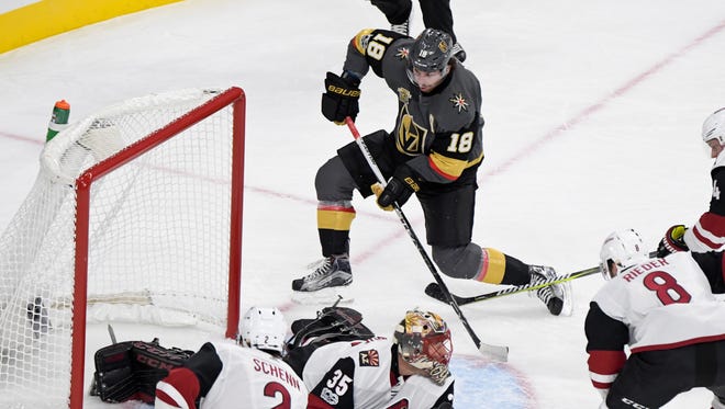 Oct 10, 2017: Vegas Golden Knights left wing James Neal (18) scores a goal against Arizona Coyotes goalie Louis Domingue (35) during the first period at T-Mobile Arena.