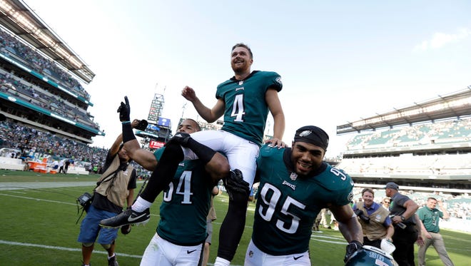 Philadelphia Eagles' Jake Elliott is carried off the field after kicking the game-winning field goal during an NFL football game against the New York Giants, Sunday, Sept. 24, 2017, in Philadelphia. Philadelphia won 27-24.
