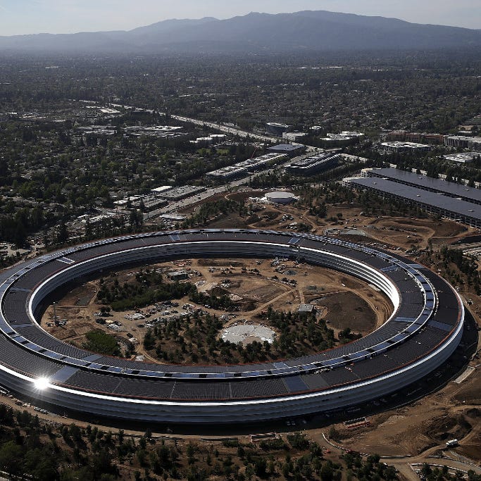 An aerial view of the new Apple headquarters in Cupertino, California. Apple's new 175-acre 