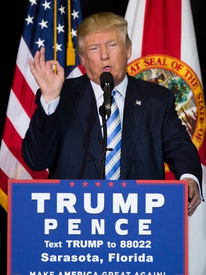 Republican candidate Donald Trump speaks at Robarts Arena on the Sarasota fairgrounds on Monday, Nov. 7, 2016, in Sarasota, Florida.