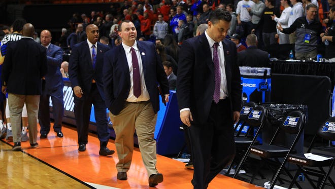 Mar 15, 2018; Boise, ID, USA; Arizona Wildcats head coach Sean Miller walks off the court after the game against the Buffalo Bulls during the first round of the 2018 NCAA Tournament at Taco Bell Arena. Mandatory Credit: Brian Losness-USA TODAY Sports