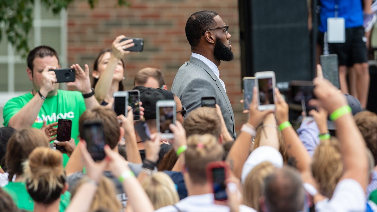 AKRON, OH - JULY 30: LeBron James makes his way through the crowd during the opening ceremonies of the I Promise School on July 30, 2018 in Akron, Ohio. (Photo by Jason Miller/Getty Images)