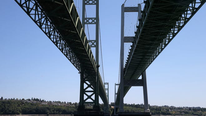 A view of the underside of the Tacoma Narrows Bridge from the Gig Harbor side of the spans.