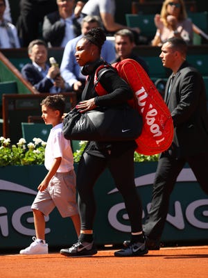 Serena Williams walks out onto court for her singles match against Kristyna Pliskova of Czech Republic during day three of the 2018 French Open at Roland Garros on May 29.
