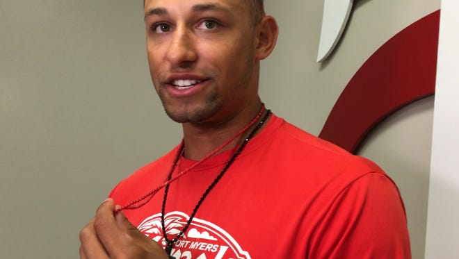 Royce Lewis, the No. 1 pick in the 2017 draft and the Fort Myers Miracle shortstop, shows off his 'humility chain' necklace, made by his mother, Cindy Lewis.