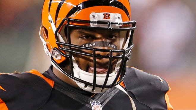 Bengals defensive tackle Devon Still wears eye black reading Leah Strong in honor of his daughter.