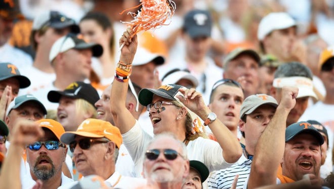 Fans celebrate Tennessee's comeback in Neyland Stadium on Saturday, Sept. 24, 2016. Tennessee defeated Florida 38-28.