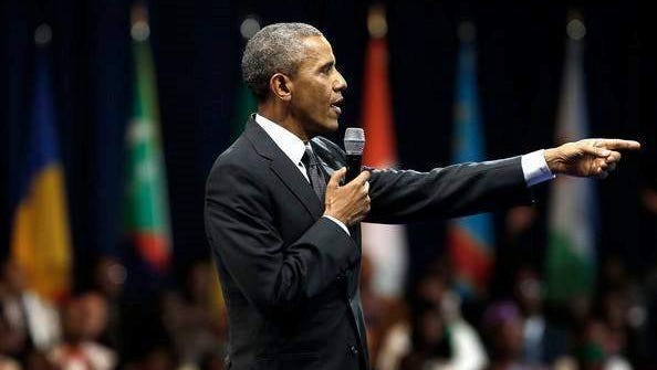 President Barack Obama addressed the Mandela Washington Fellowship fellows, two of which are interning in Summit, N.J. this summer, at a town hall in Washington D.C. on July 28, 2014.