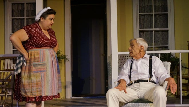 Kate Keller (Theresa Secor) faces off with Joe (Jim Seerden) the patriarch of the Keller family in All My Sons at the Elite Theatre Company in Oxnard.