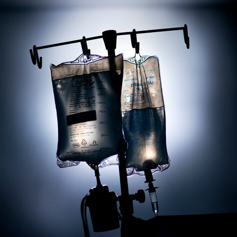 A sodium chloride (saline) IV bag and a lactated R