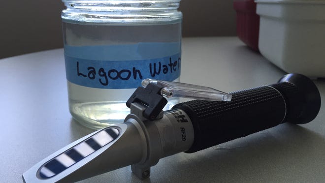 A salinity refractometer is shown with a water sample from the Indian River Lagoon.
