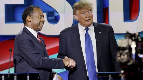 Ben Carson and Donald Trump at the Feb. 25, 2016, GOP debate in Houston.
