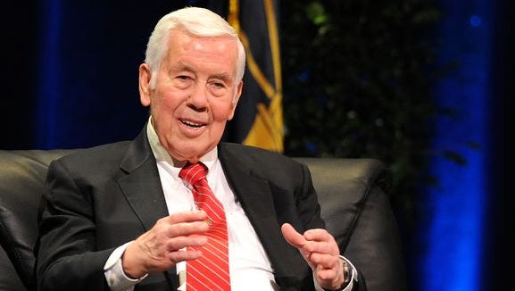 Former Senator Richard Lugar speaks during a conversation titled "Diplomacy in a Dangerous World", Tuesday, February 25, 2014, at the University of Indianapolis.