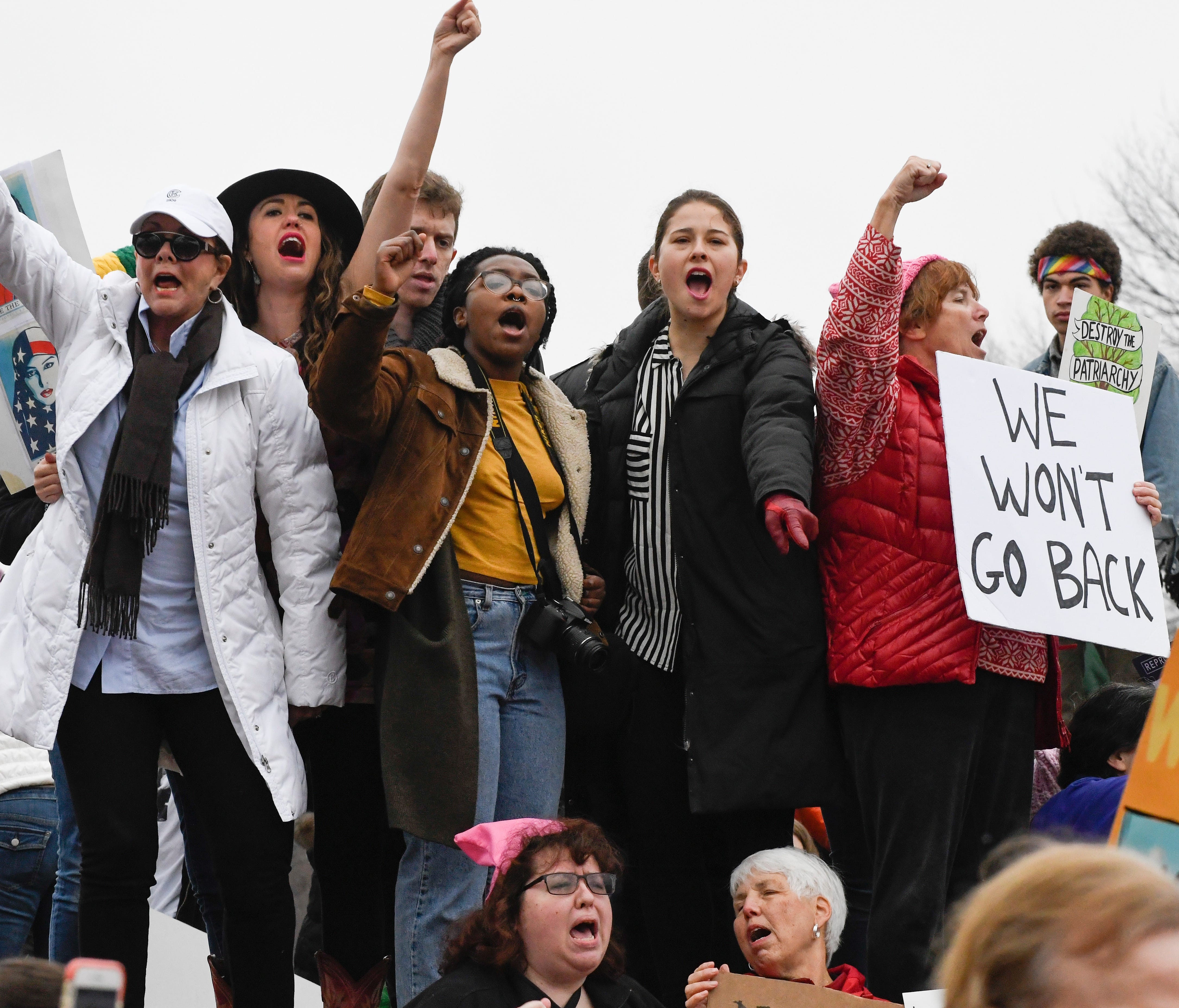 Protestors chat anti-Trump slogans during the Women's March on Washington in Washington, DC on Jan. 21, 2017, one day after the inauguration of President-elect Donald J. Trump.