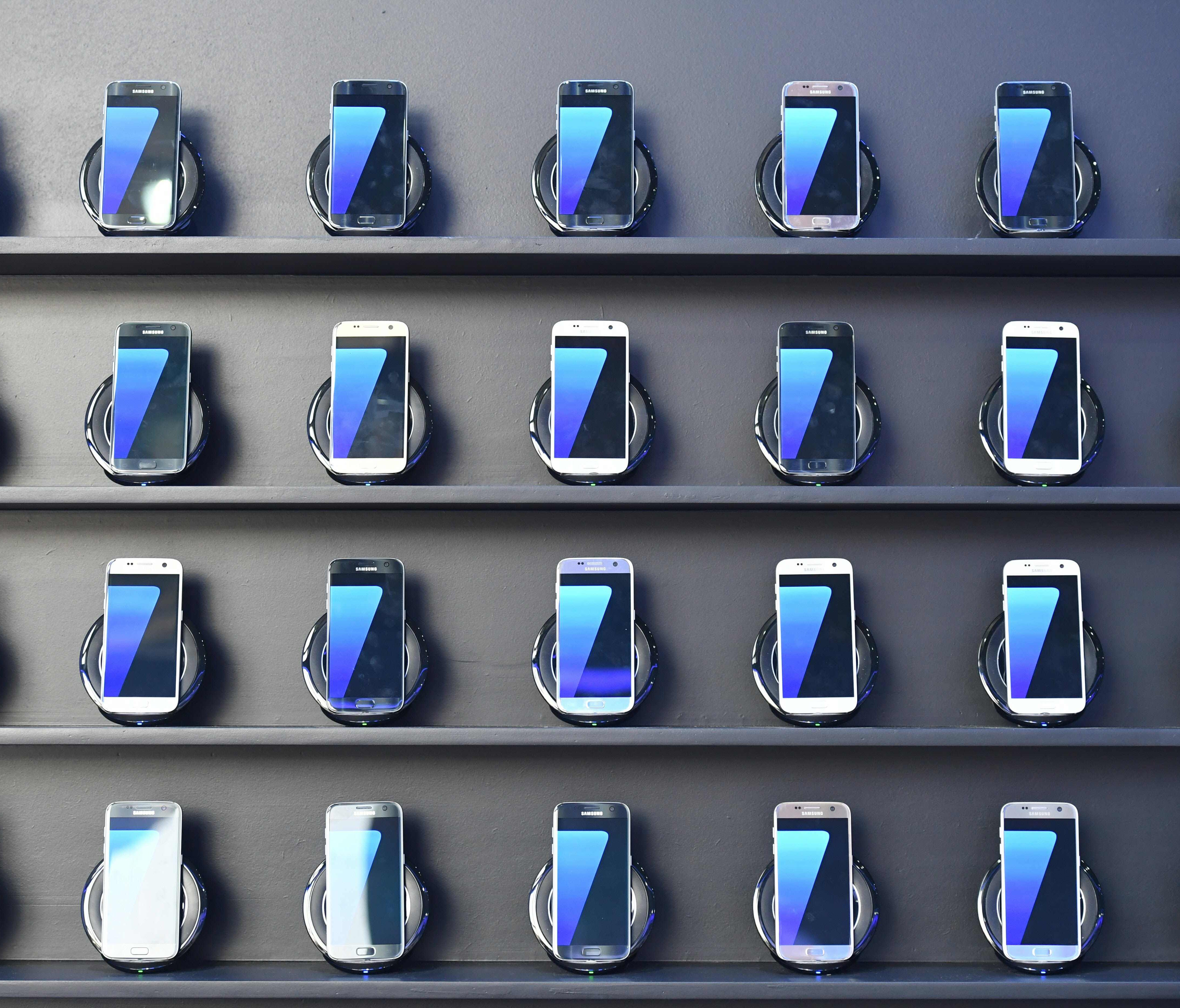 Samsung Galaxy S7 mobile devices on display at the Olympic Park in Rio de Janeiro on Aug. 2, 2016.
