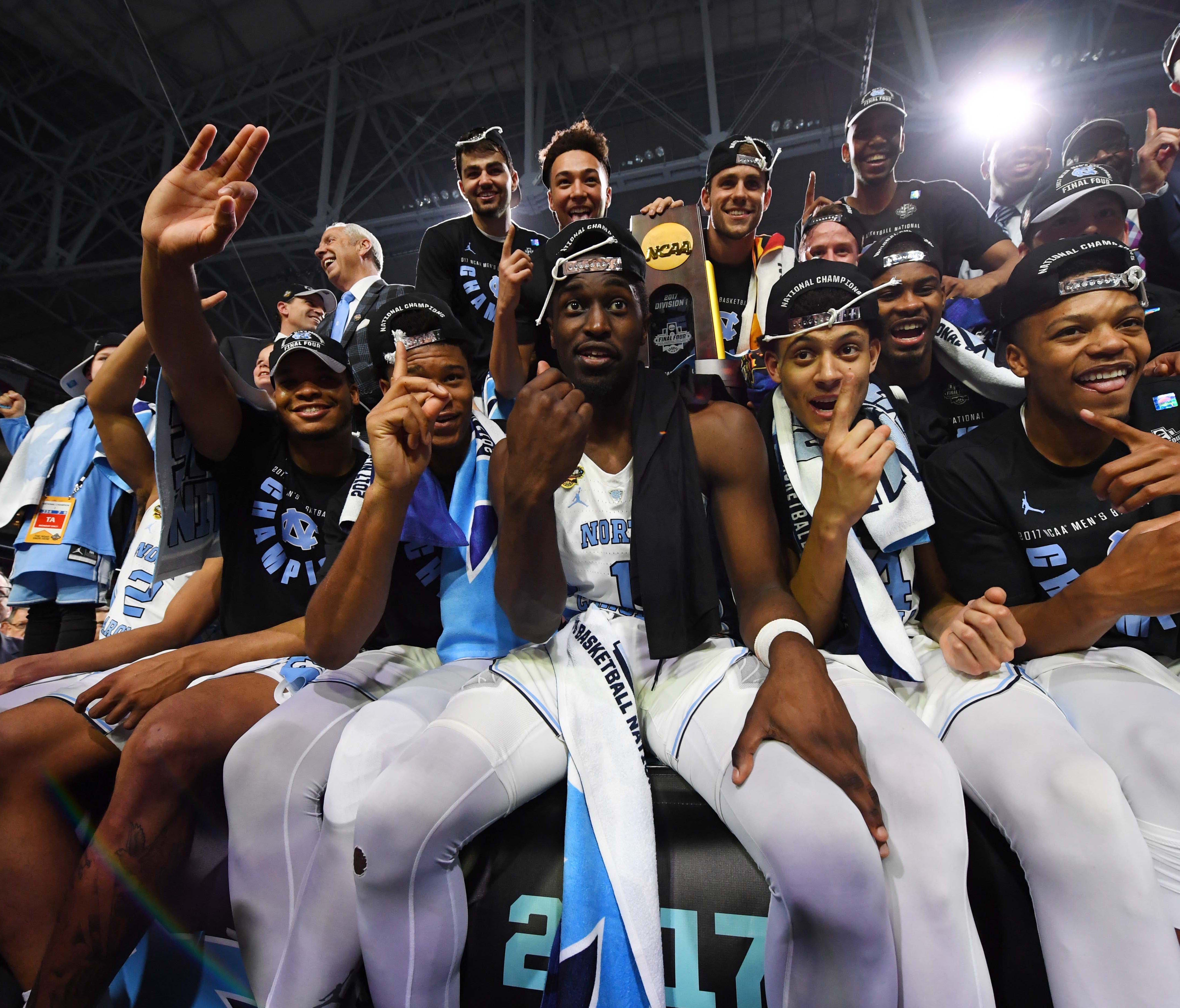 North Carolina Tar Heels players celebrate the national championship.